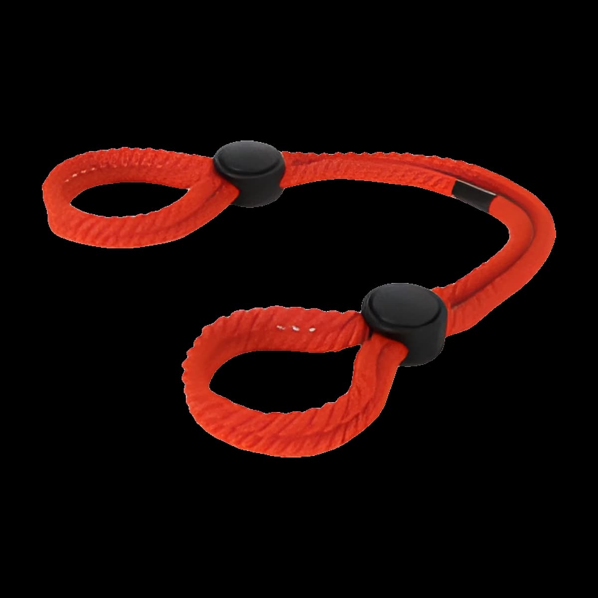 A length of red twisted rope formed into two loops, each drawn closed by a round black sliding stopper, with a black tag on the connecting section.