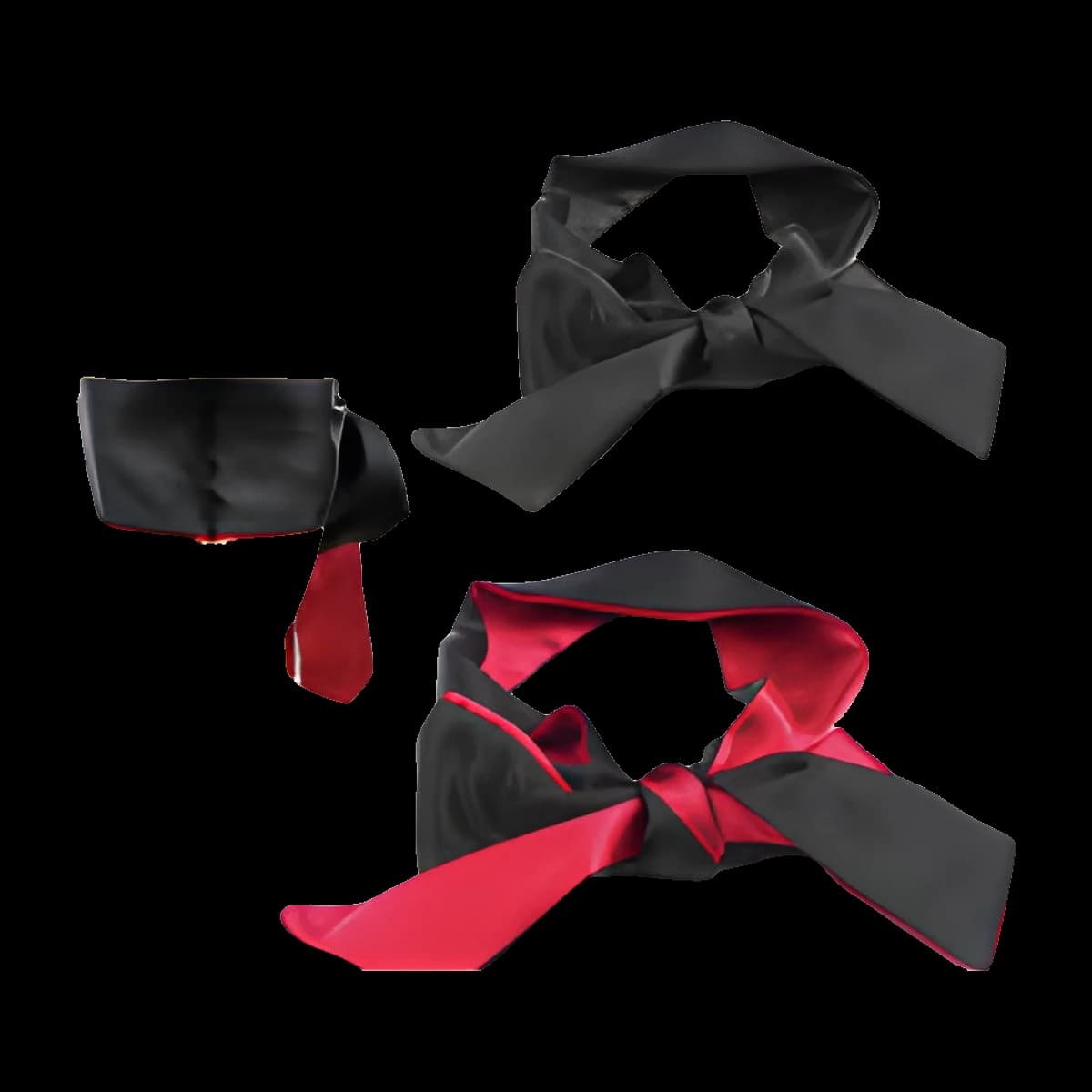 A person wearing a black satin sash tied over the eyes, beside two knotted sashes, one plain black and one black with a red reverse.
