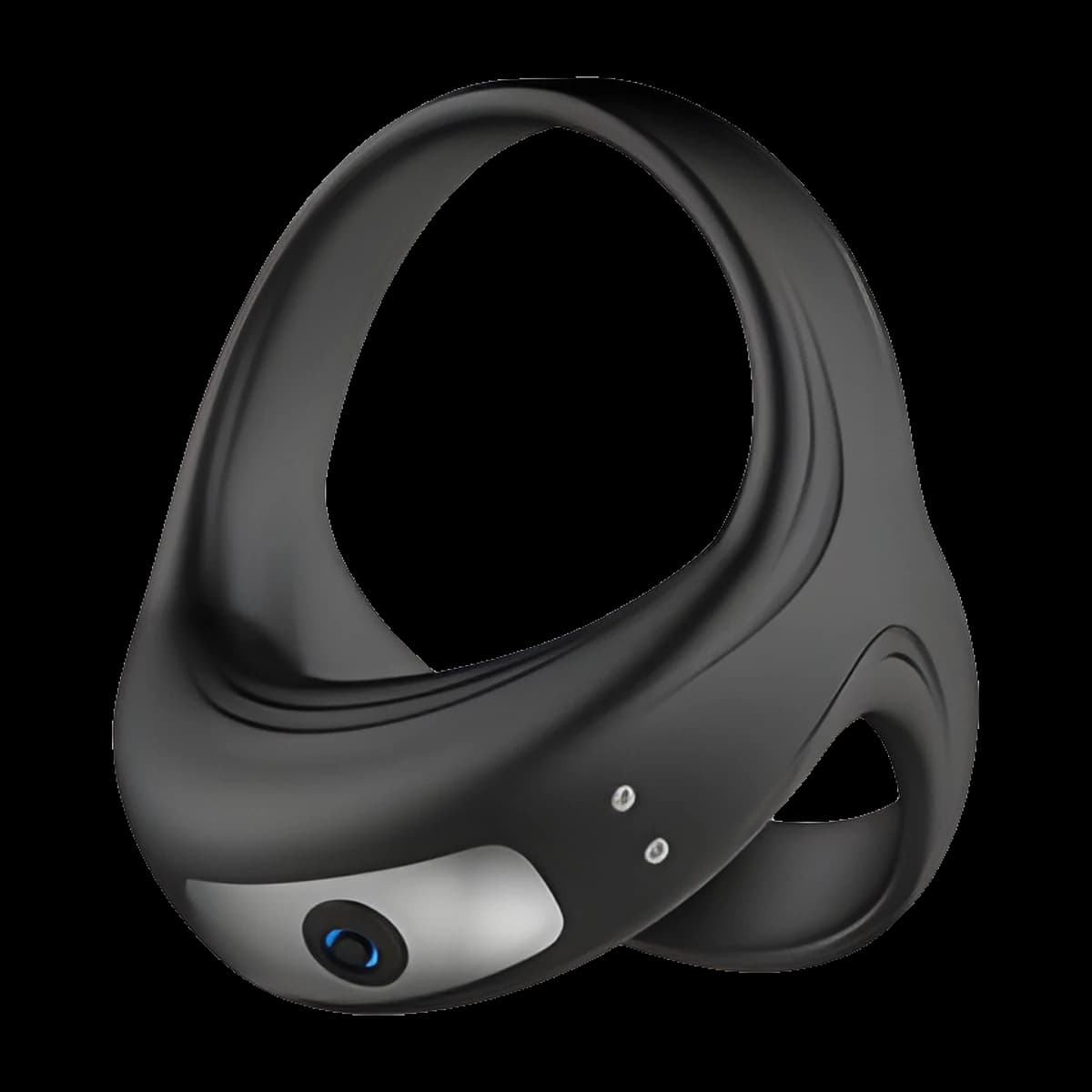 Black ring shaped like two joined loops, a large upper loop and a smaller lower one, with a silver panel and small button on the front.