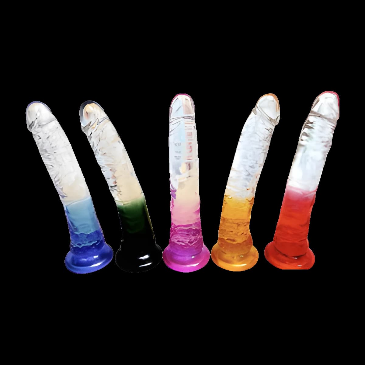 Five clear, gently curved toys with veined shafts fading into blue, green, pink, amber and red towards their round suction cup bases.