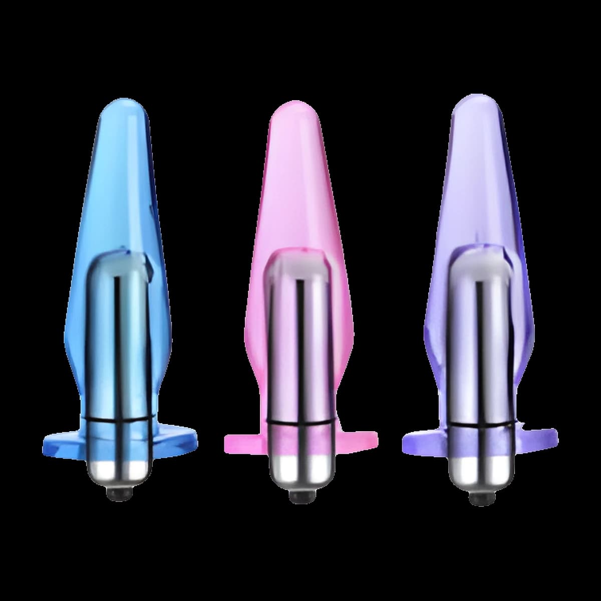 Three slim translucent tapered plugs in blue, pink and purple, each with a silver vibrating bullet set inside its base.