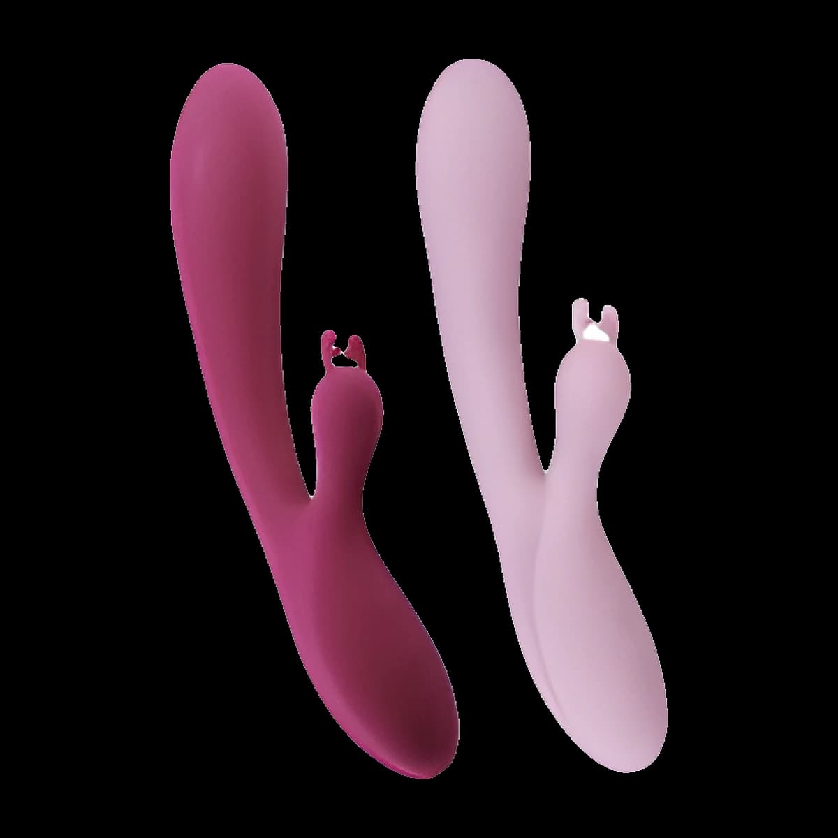 Two slim curved toys, one deep raspberry and one pale pink, each with a tapered shaft and a small arm with two ears.