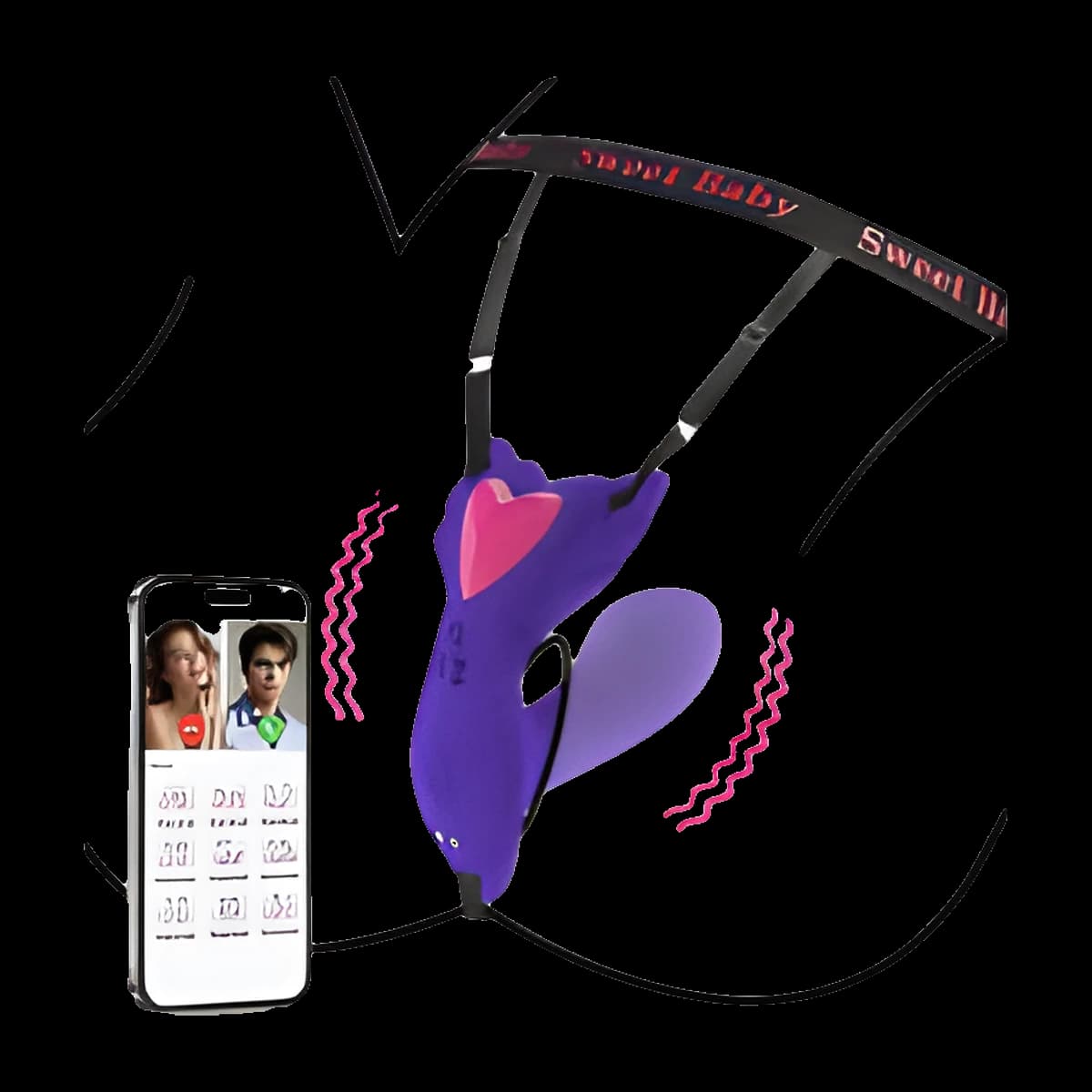 Purple curved vibrator with a pink heart detail, worn between the legs on black straps in an outline drawing, beside a phone showing an app screen.