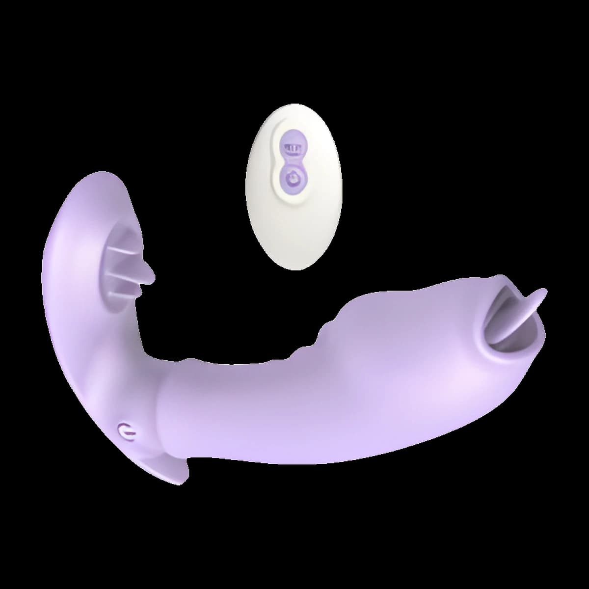 A lilac curved toy with a textured shaft, a small tongue at one end and a flat fluttering tip at the other, shown with a white oval remote.