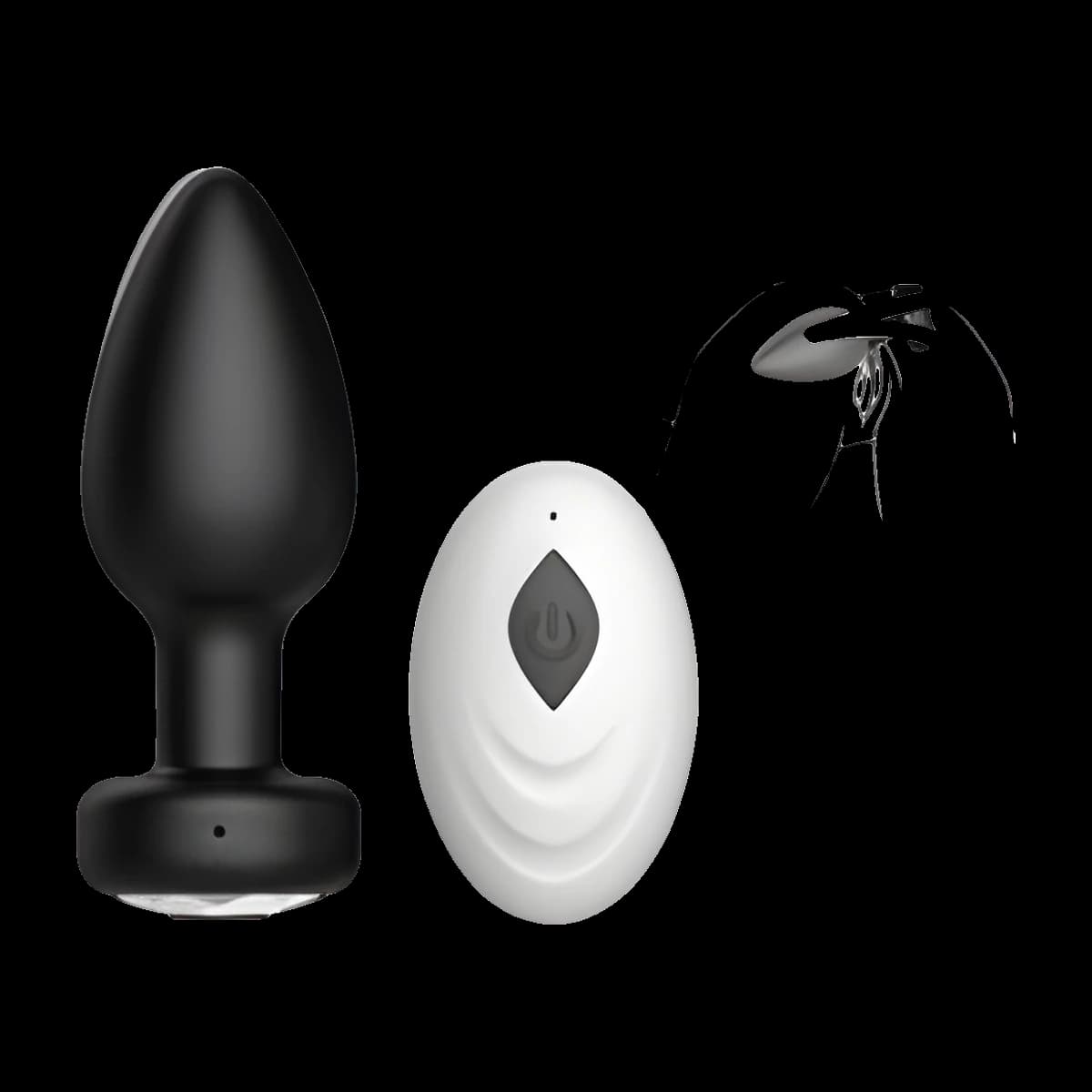 A black tapered plug with a wide rounded base beside a white oval remote with a single dark button, plus a small line drawing of a hand.