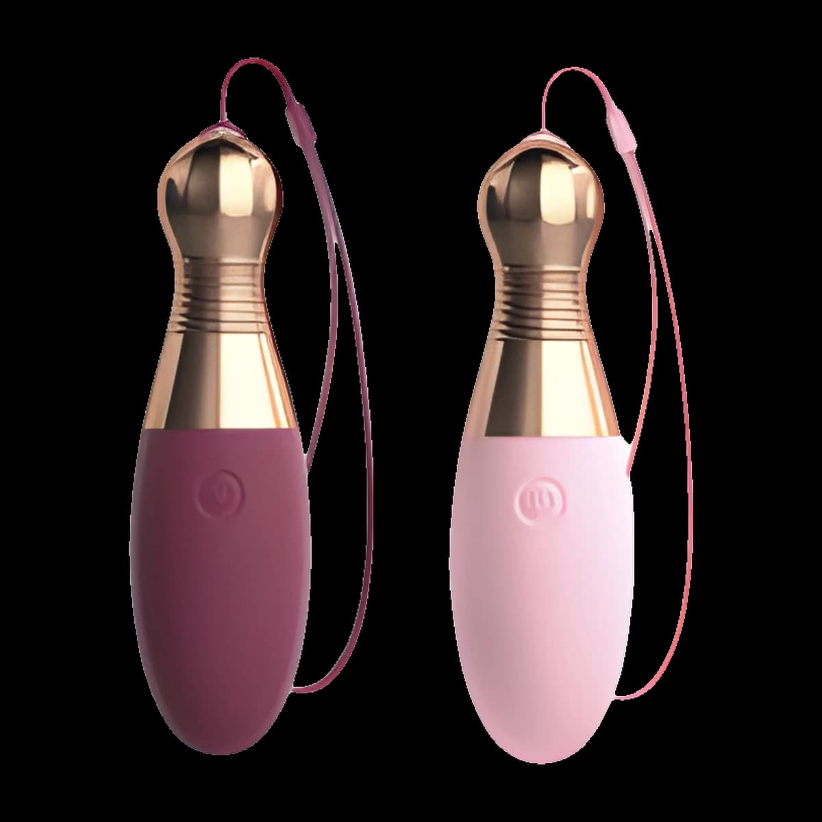 Two vibrators with rounded bodies, ribbed gold necks and thin looping cords, one deep burgundy and one pale pink, side by side.