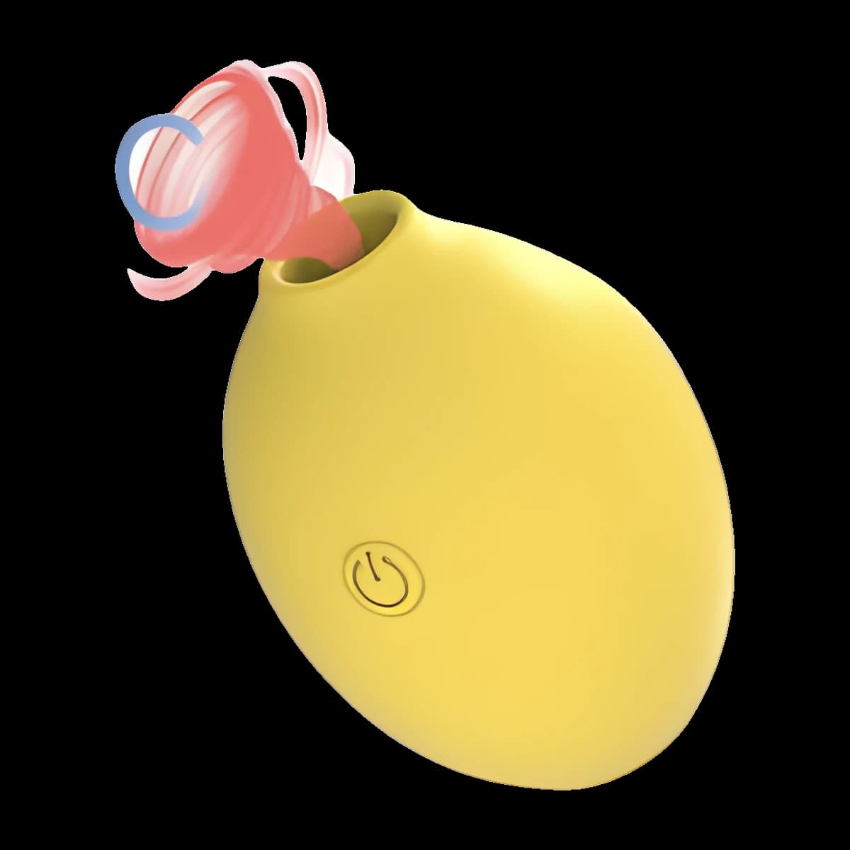 A bright yellow oval toy shaped like a lemon, with a round power button on its side and a small suction opening at the pointed tip.