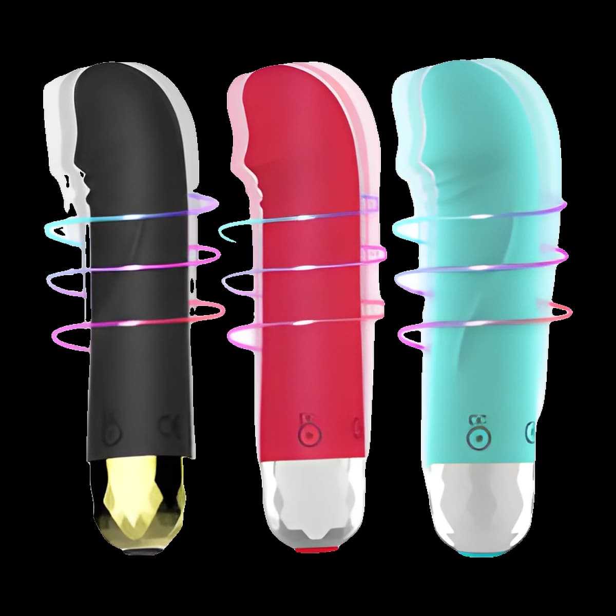 Three slim textured shafts with shaped tips, in black with a gold base, red with a silver base and teal with a silver base.