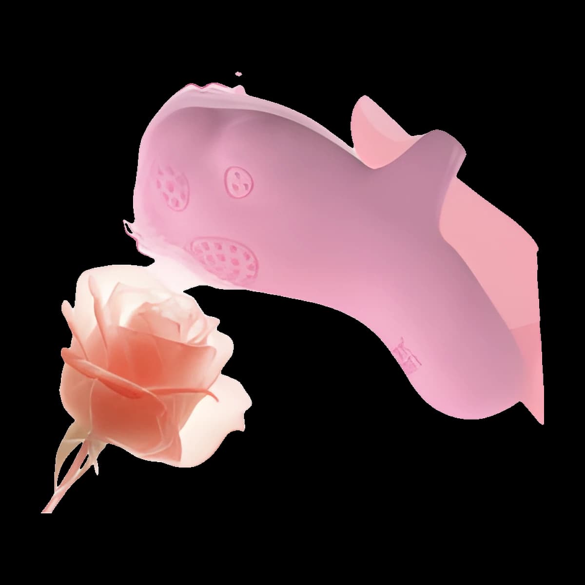 A pink curved shape with two textured round pads on top, shown against a soft pink background beside a pale rose.