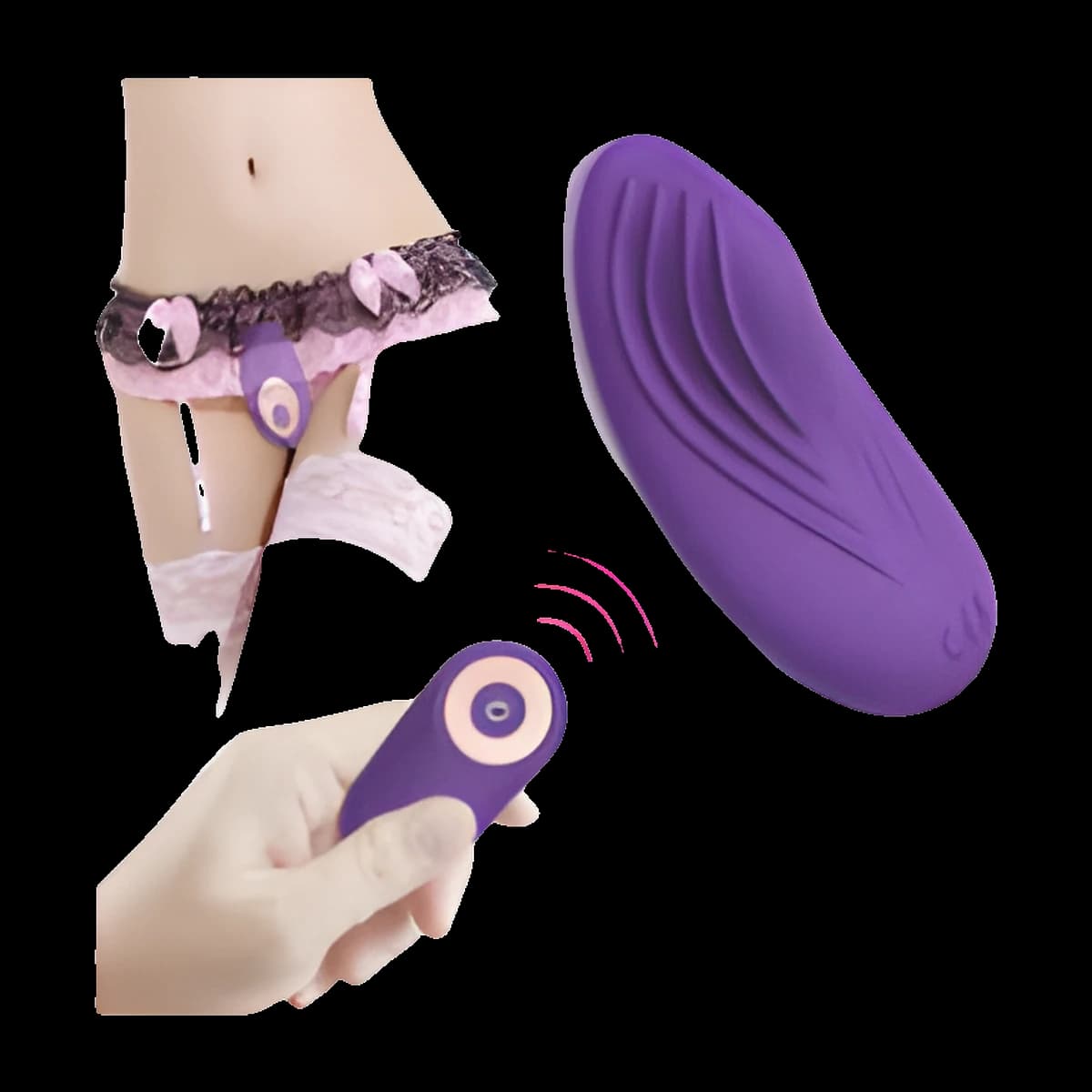 Purple contoured pad with ridged lines, a hand holding a matching purple remote with a pink button, and a figure in pink lace lingerie showing where it sits.