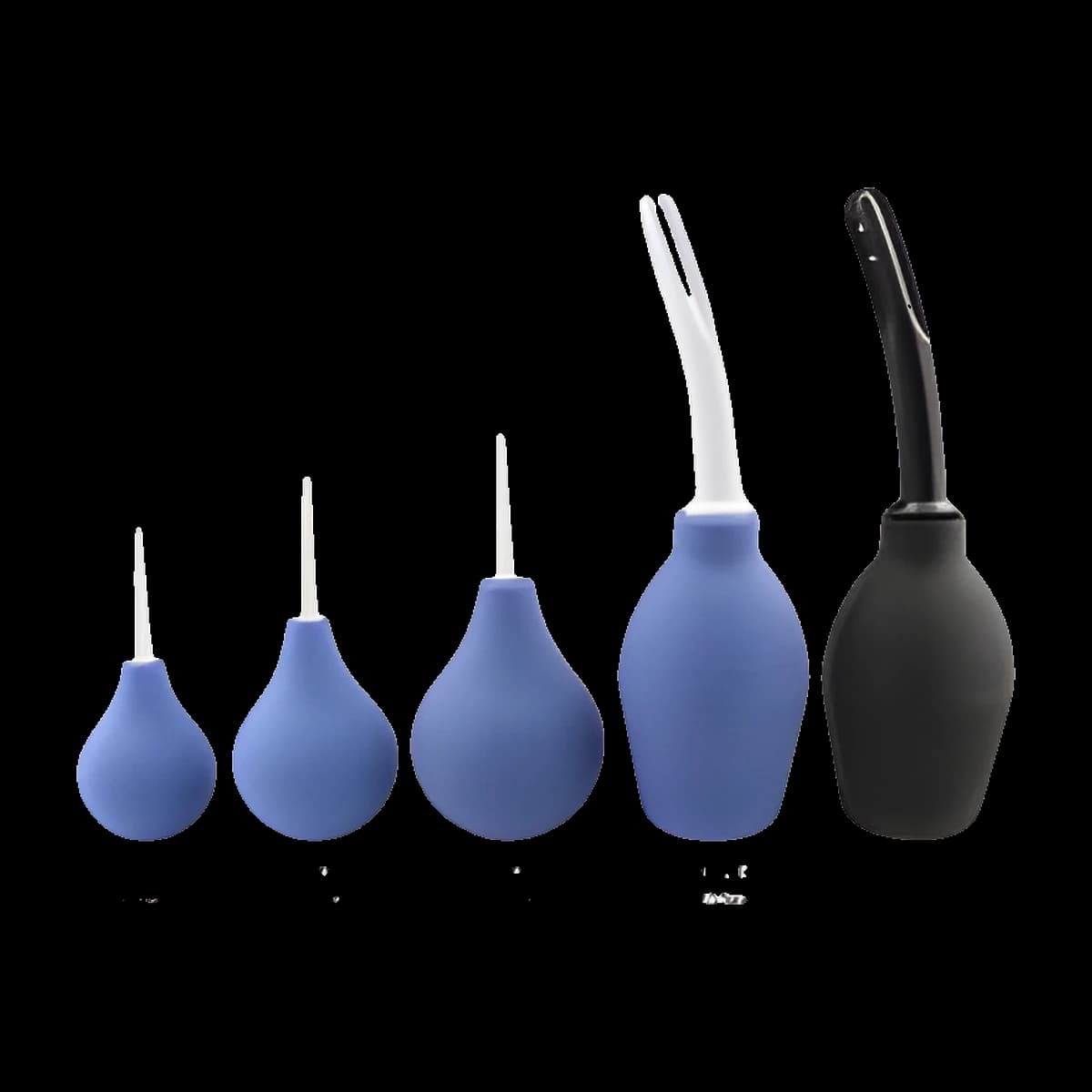 Five squeeze bulbs lined up from smallest to largest, four in blue with thin white nozzles and the largest in black with a long curved nozzle.