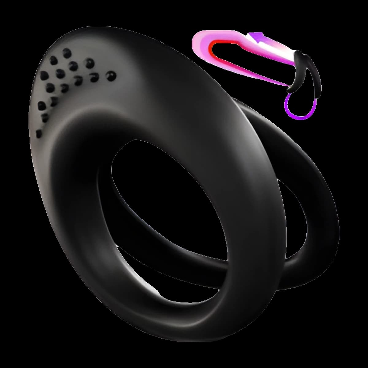 Black ring made of two connected loops of different sizes with small raised dots on the upper edge, beside a small illustration showing how it is worn.