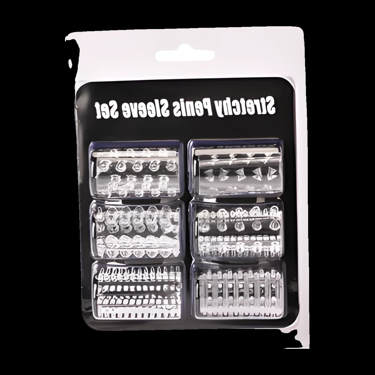 Six short clear sleeves with different bumpy and ridged textures, arranged in two rows of three inside a clear plastic blister pack.