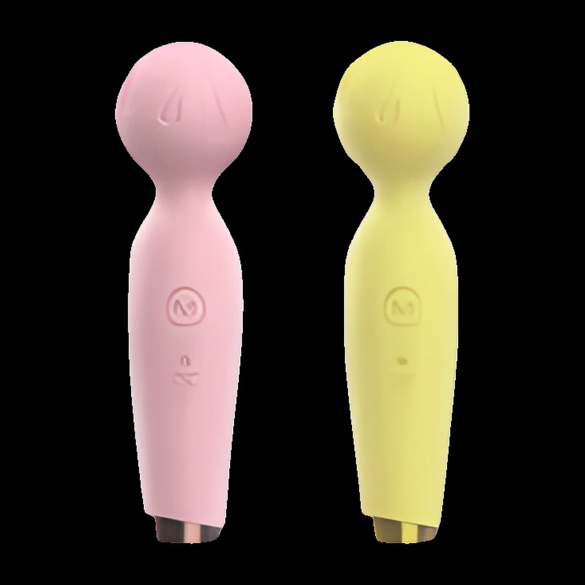 Two short wands, one pastel pink and one pale yellow, each with a round head, a smooth handle, a small front button and a gold base.