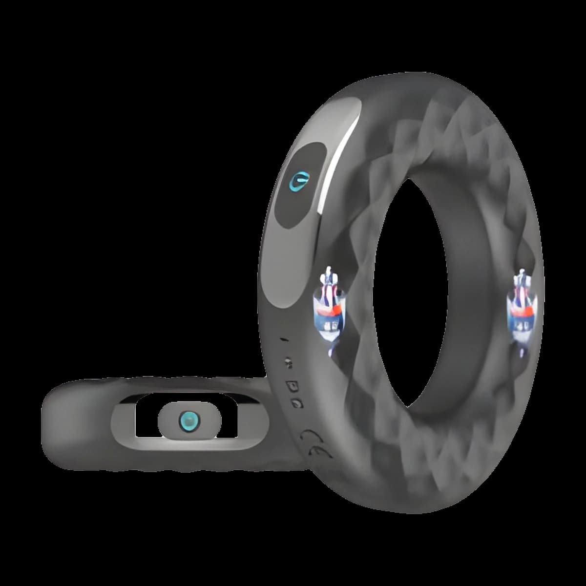 Two views of a thick black ring with a textured surface, one upright and one lying flat, each with a small silver panel and button set into the band.
