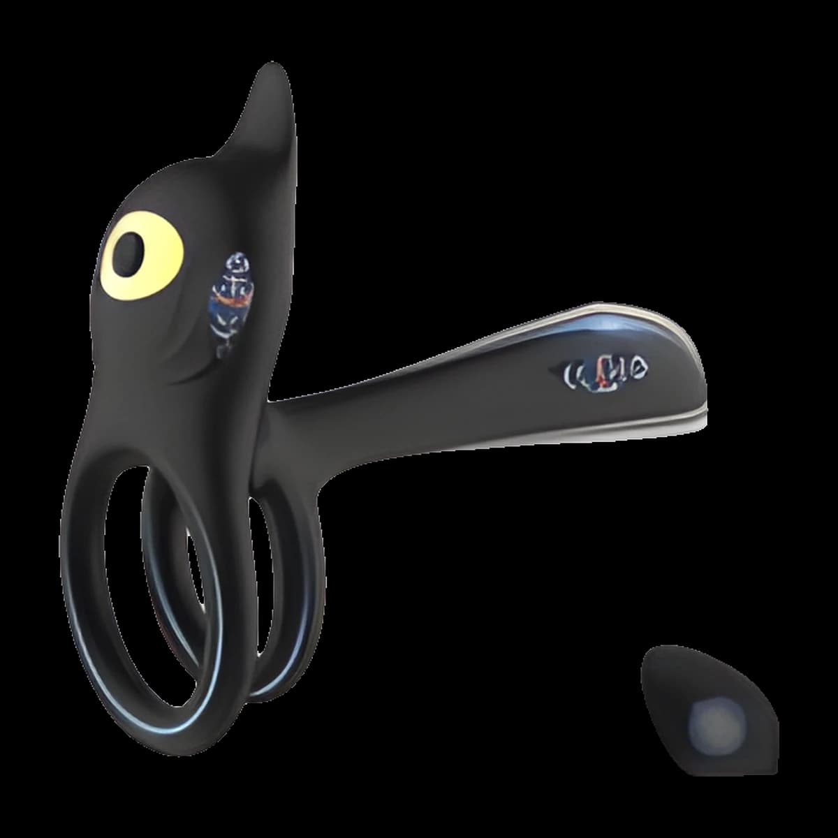Black double loop ring with a slim arm extending forward, an upright pointed tip with a round yellow detail, and a small black remote nearby.