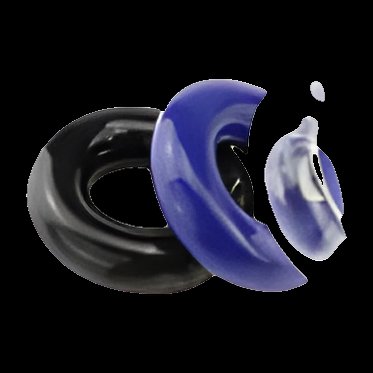 Three chunky stretch rings in black, blue and clear, stacked and overlapping.