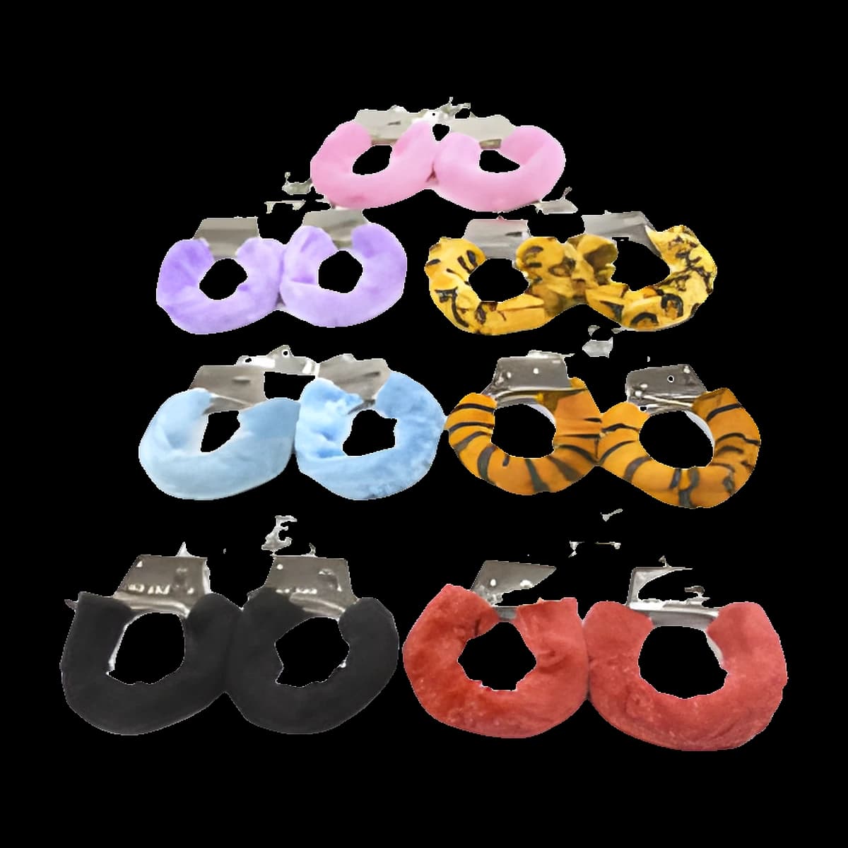 Eight pairs of linked metal cuffs trimmed in fluffy plush, shown in pink, lilac, tiger stripe, light blue, orange stripe, black and red.