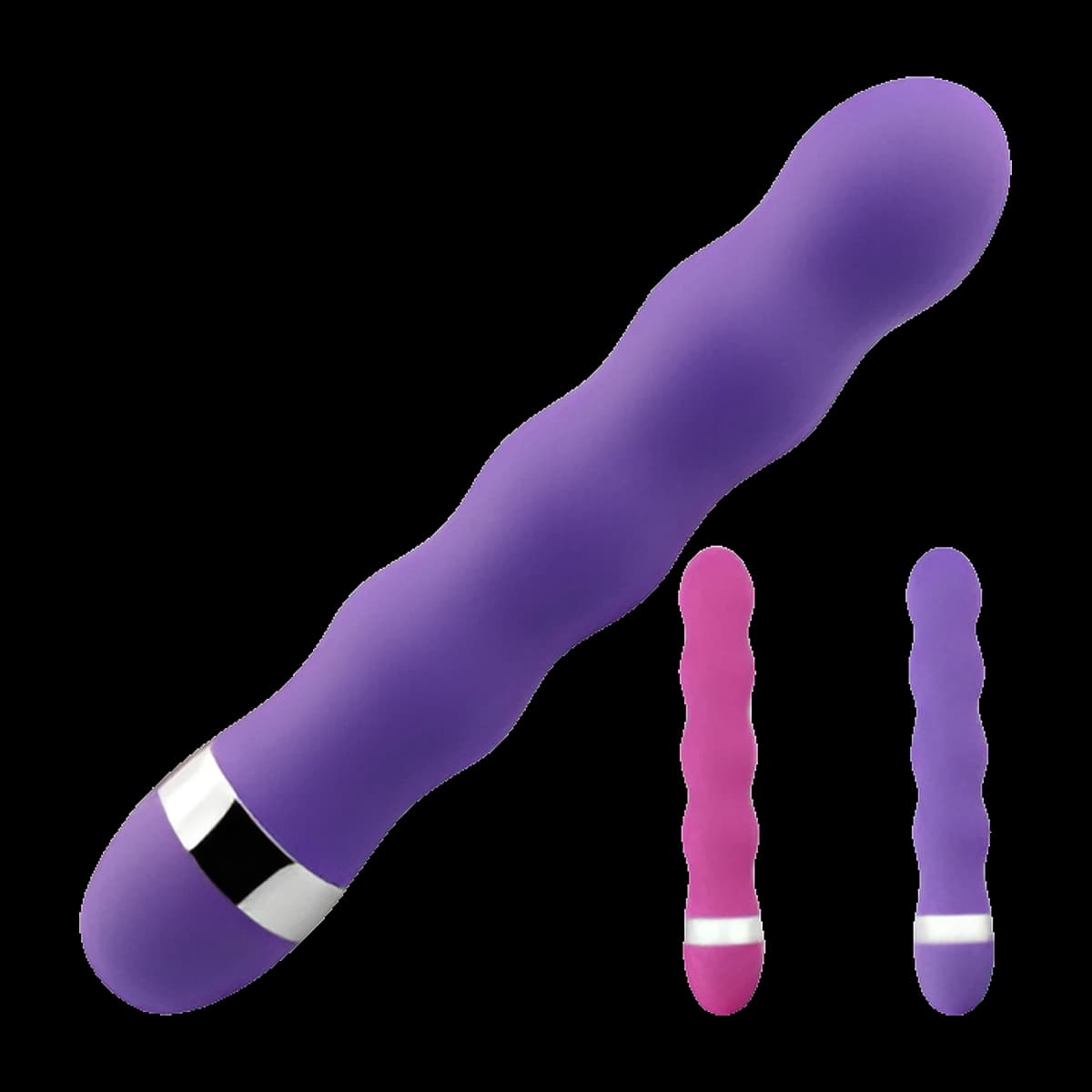 A slender purple wand with a gently wavy shaft and a silver band near its rounded base, shown with two smaller versions in pink and purple.