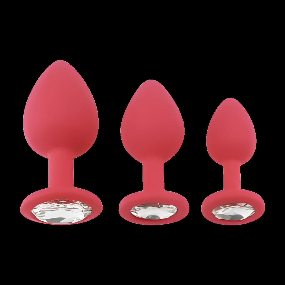 Three smooth red teardrop shaped plugs standing in a row from large to small, each with a round clear jewel set into its base.