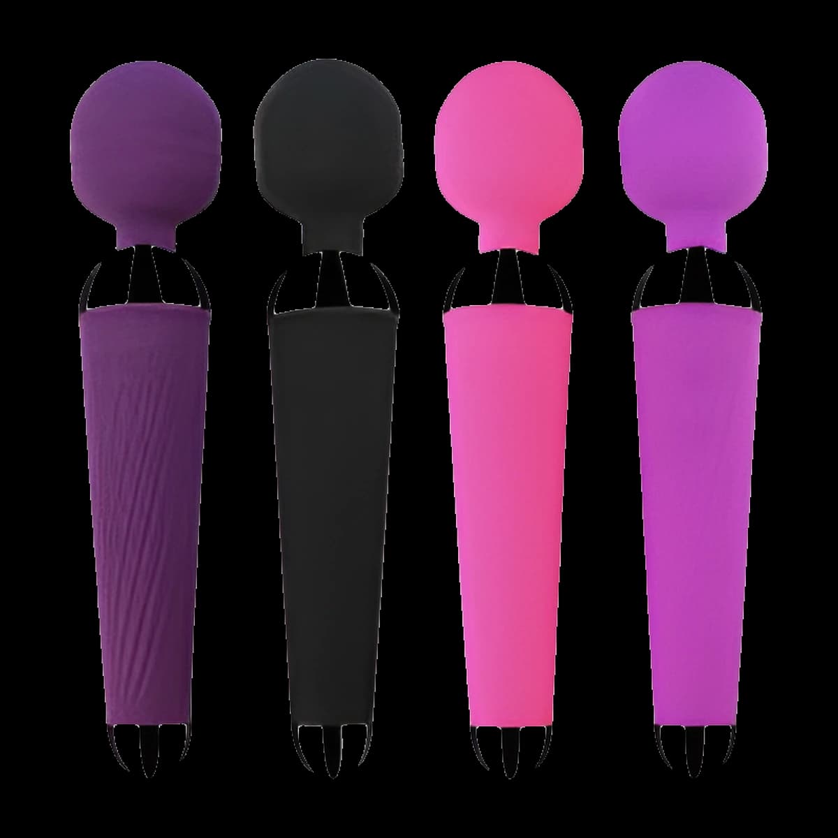 Four wands in dark purple, black, pink and violet, each with a round head, a chrome collar below the head and a textured handle with a chrome base.