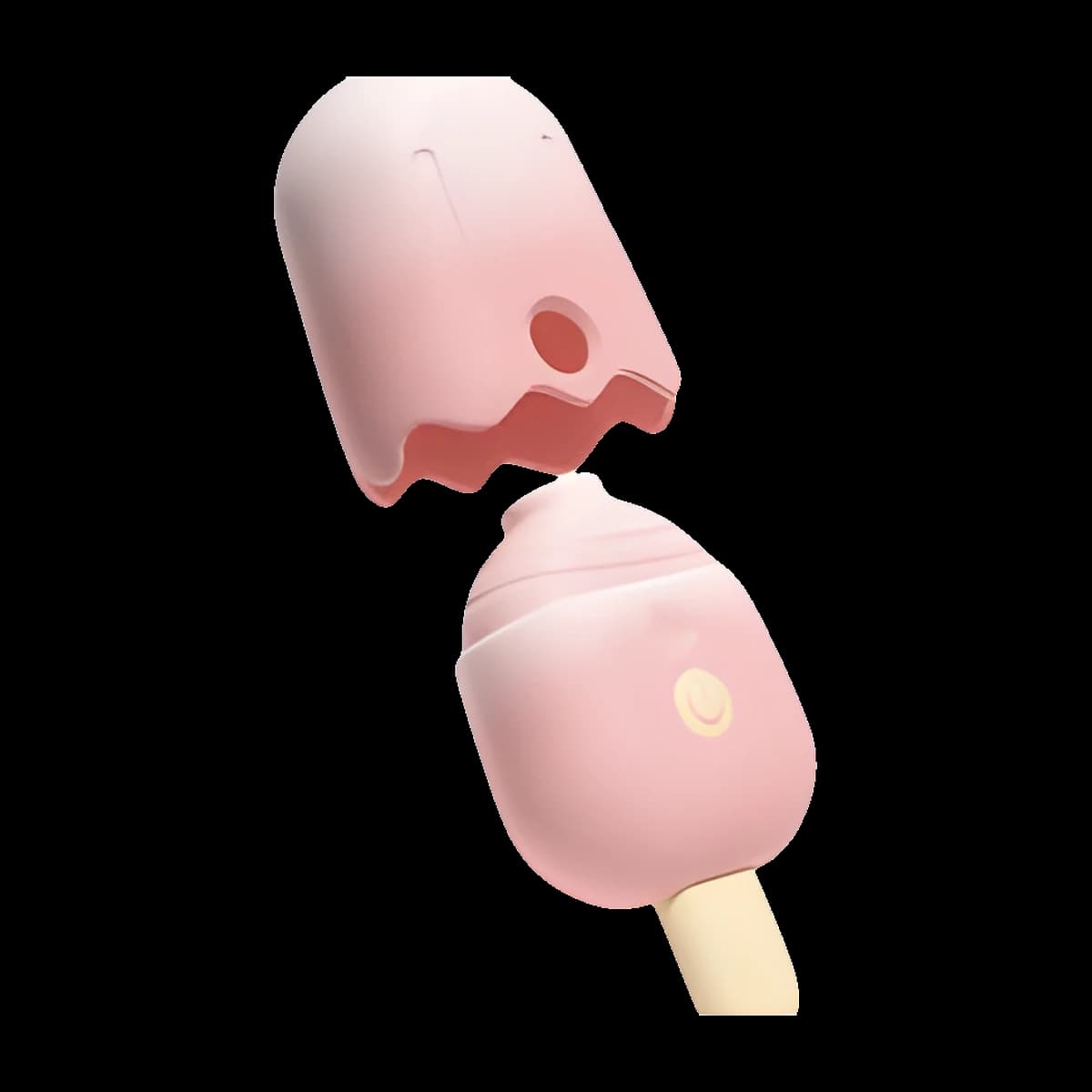 A pale pink ice lolly shaped toy with a light stick handle, its dripping cap lifted away to show a small suction opening beneath.