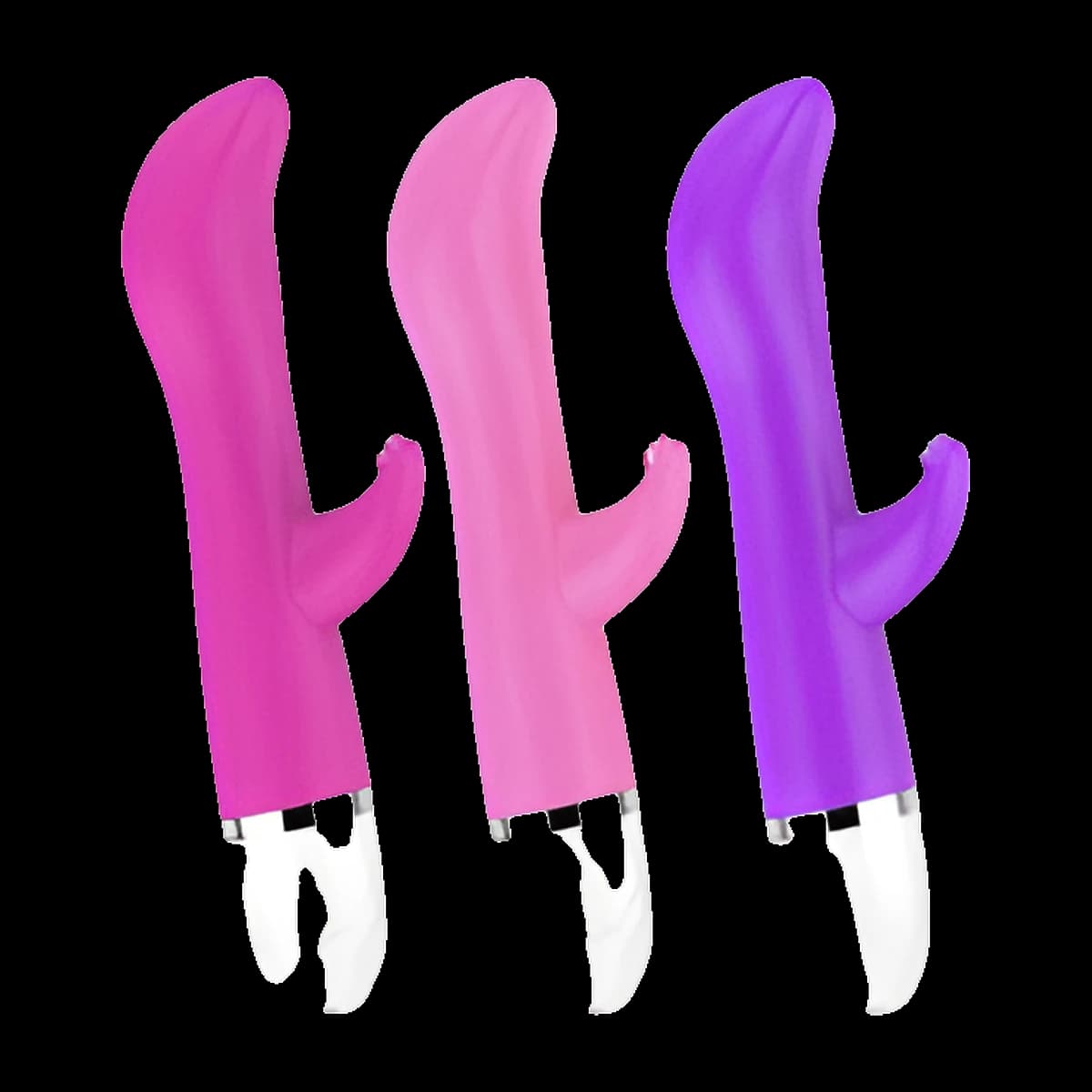 Three slim curved toys in magenta, light pink and purple, each with a tapered tip, a small side arm, a silver band and a clear end cap.