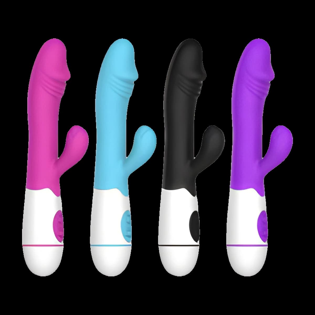 Four vibrators in pink, light blue, black and purple, each with a ridged, curved shaft, a small angled side arm and a white handle with buttons.