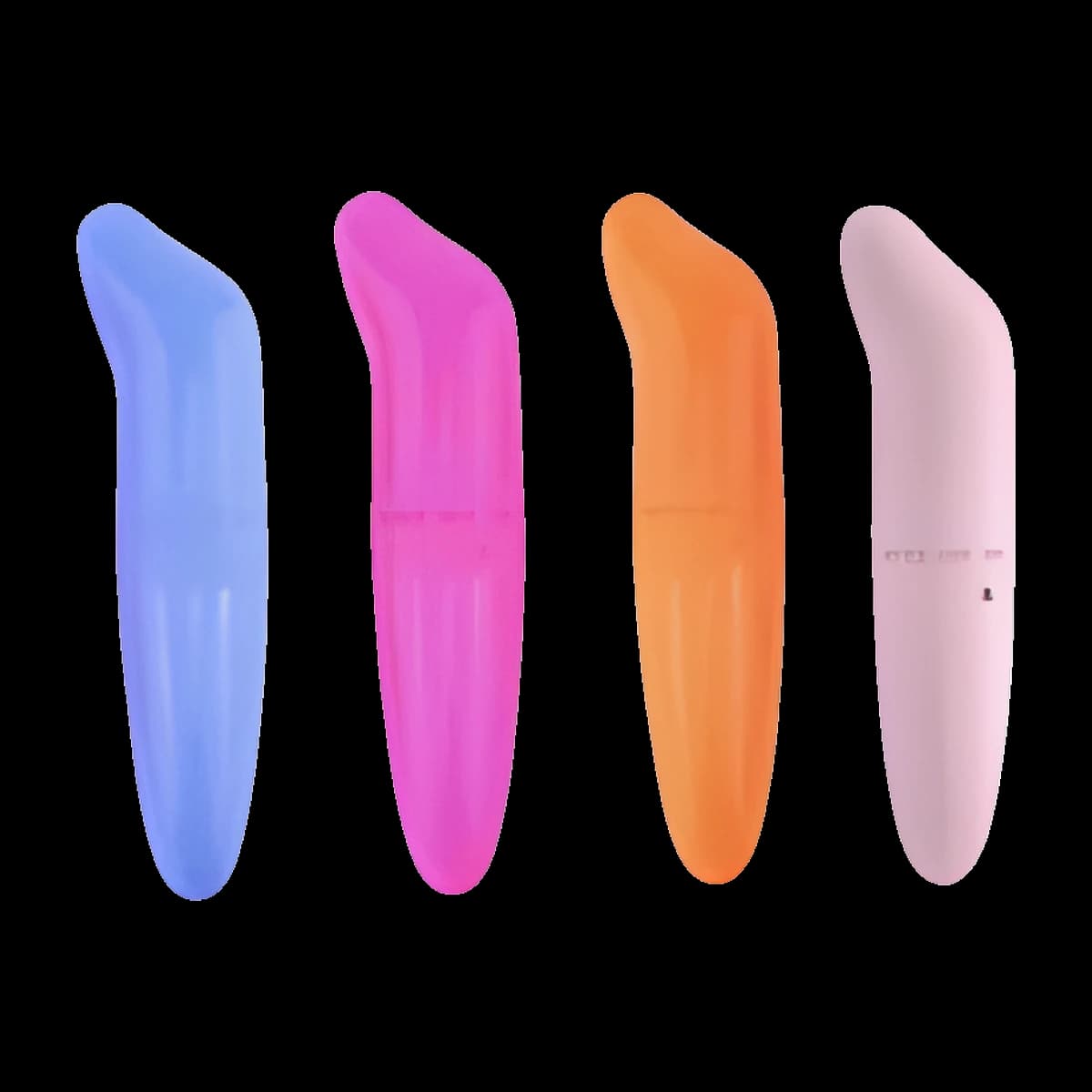Four slender shapes with gently bent, tapered tips, in blue, bright pink, orange and pale pink, standing in a row.