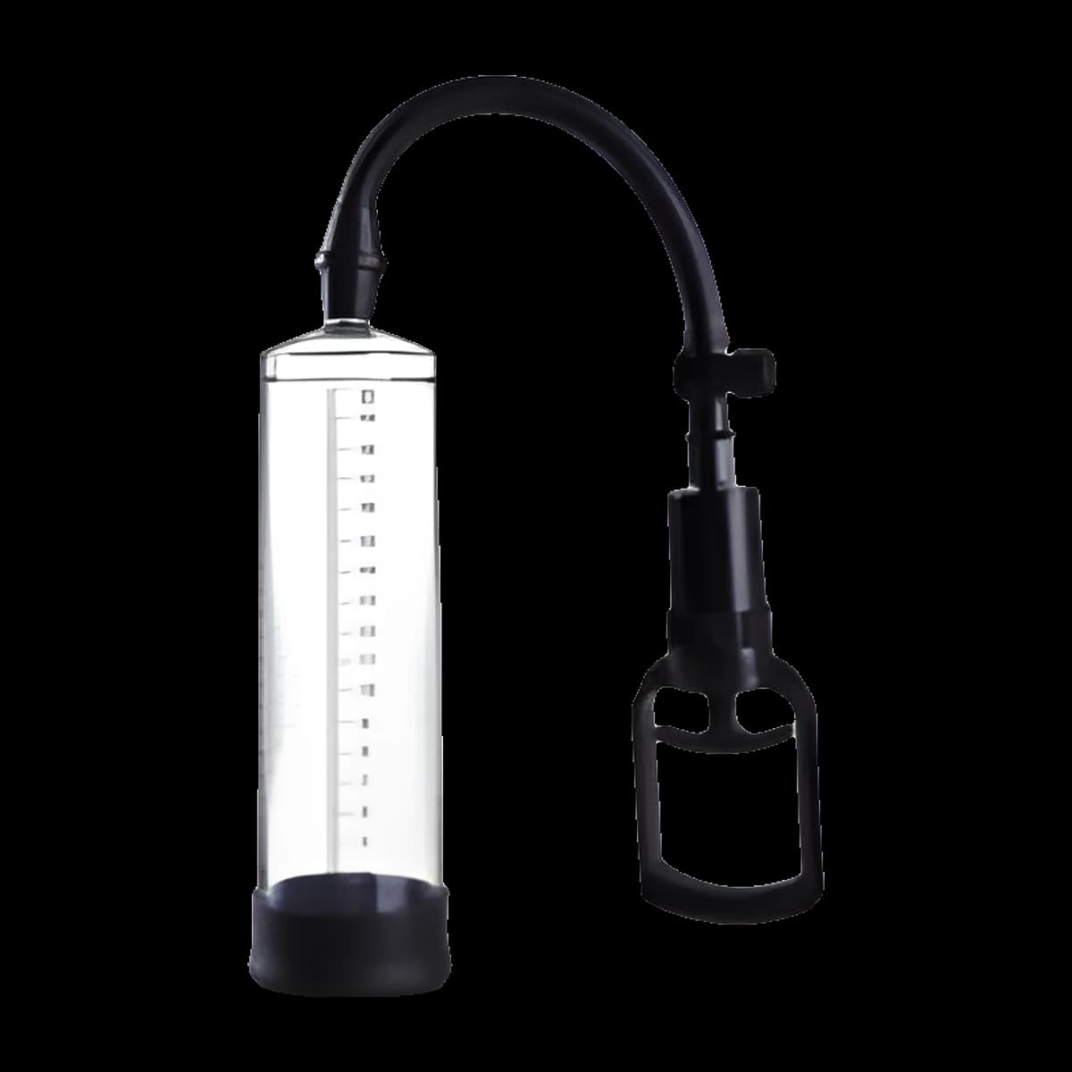 Tall transparent cylinder with measurement markings and a black base, connected by a curved black hose to a black squeeze grip with a small knob on top.