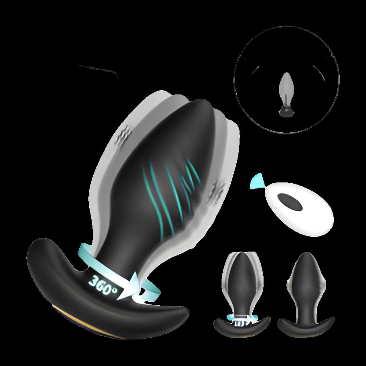 A black bulb shaped plug with teal motion lines and a curved base, shown with a phone held in a hand, a small oval remote and two smaller side views.