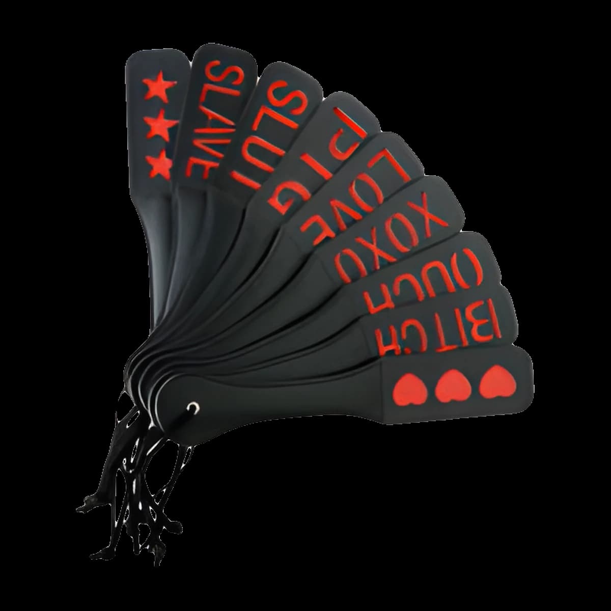 A fanned stack of slim black paddles, each with a different red word, stars or hearts, joined by black cords at the handles.