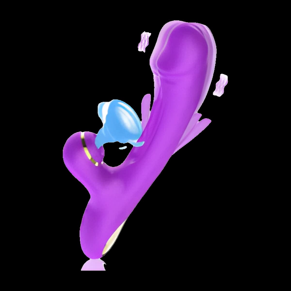A bright purple toy with a realistic head, a curved shaft, a short arm with a round suction opening and a gold accent on the handle.