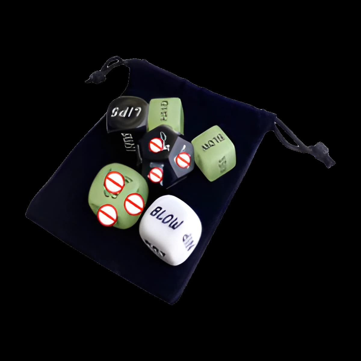 Six cube dice in glow green, black and white scattered on a black drawstring pouch with cord ties.
