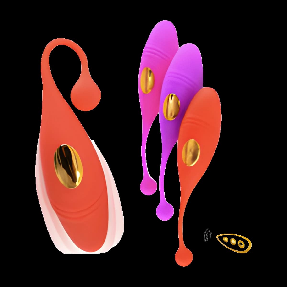 Four slender egg vibrators with long curved tails and gold panels, one large coral red in front and three in pink, purple and orange behind, with a small white remote.