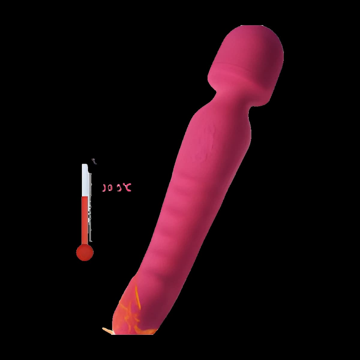 A raspberry pink wand with a rounded head and a ribbed handle, shown beside a thermometer graphic with a small flame at its base.