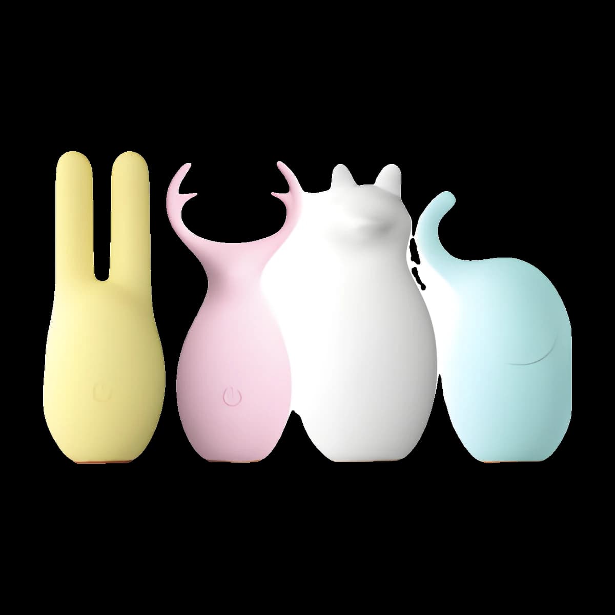 Four rounded figures with character tops: a yellow one with long bunny ears, a pink one with antlers, a white one with cat ears and a mint one shaped like an elephant.