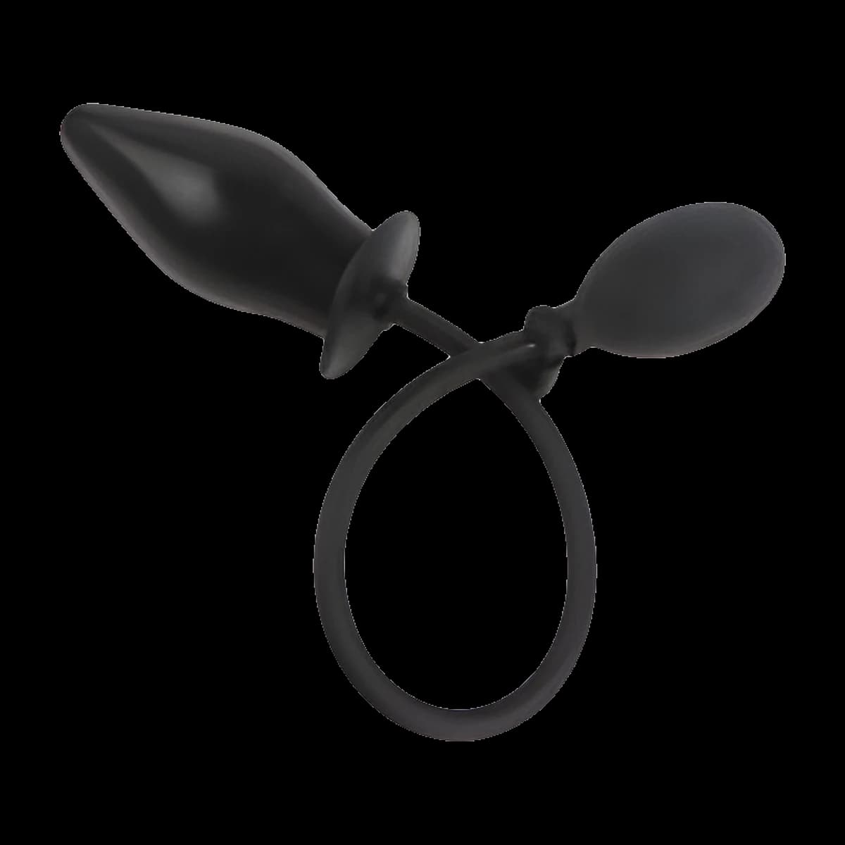 A black tapered plug with a flared base, connected by a long looping tube to a round squeeze pump.
