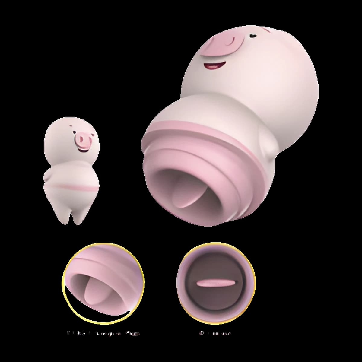 A pale pink pig shaped toy shown whole and up close, with two round insets of a soft ridged tip and a small slotted opening.