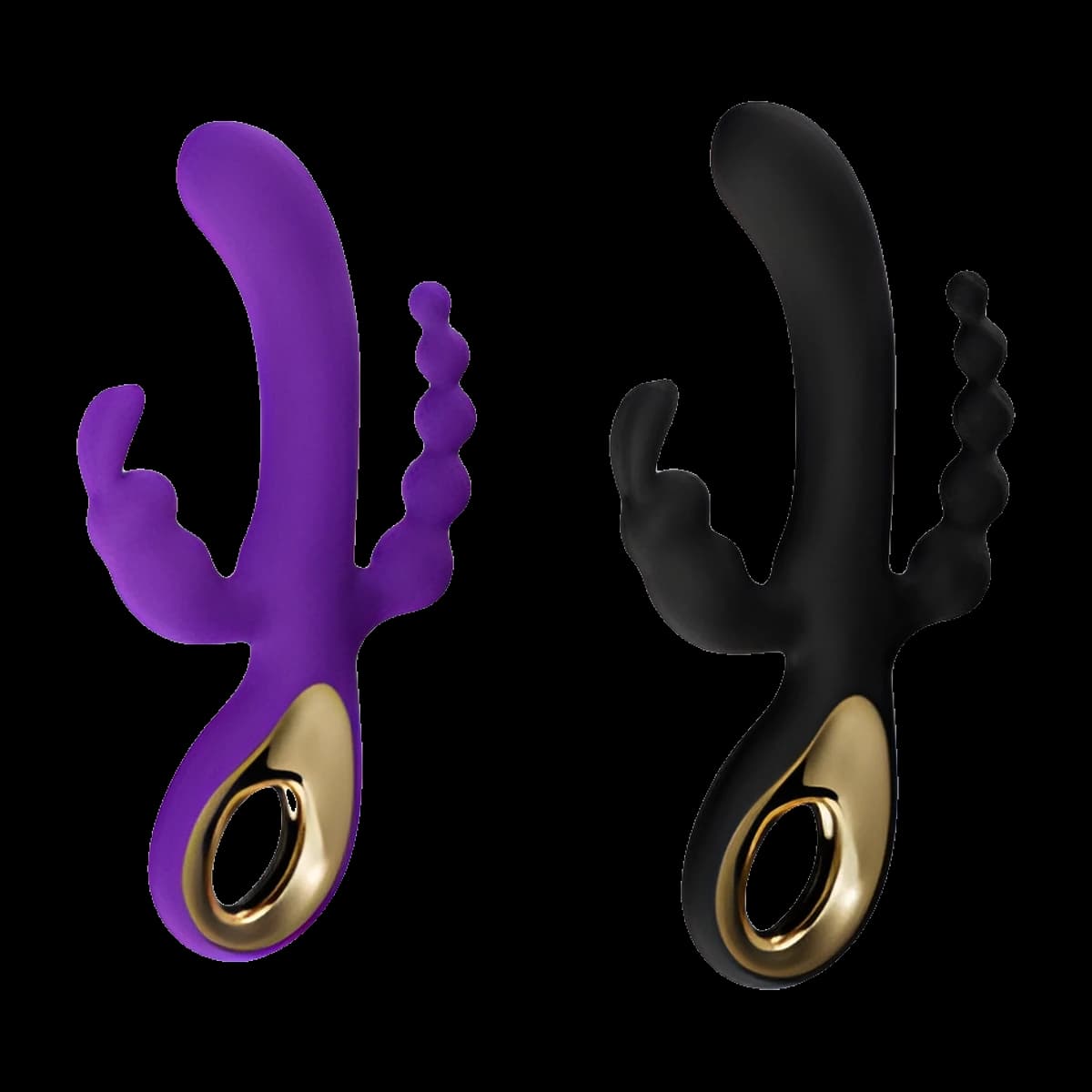 Two toys, one purple and one black, each with a curved shaft, a short eared arm, a slim beaded arm and a gold loop handle.
