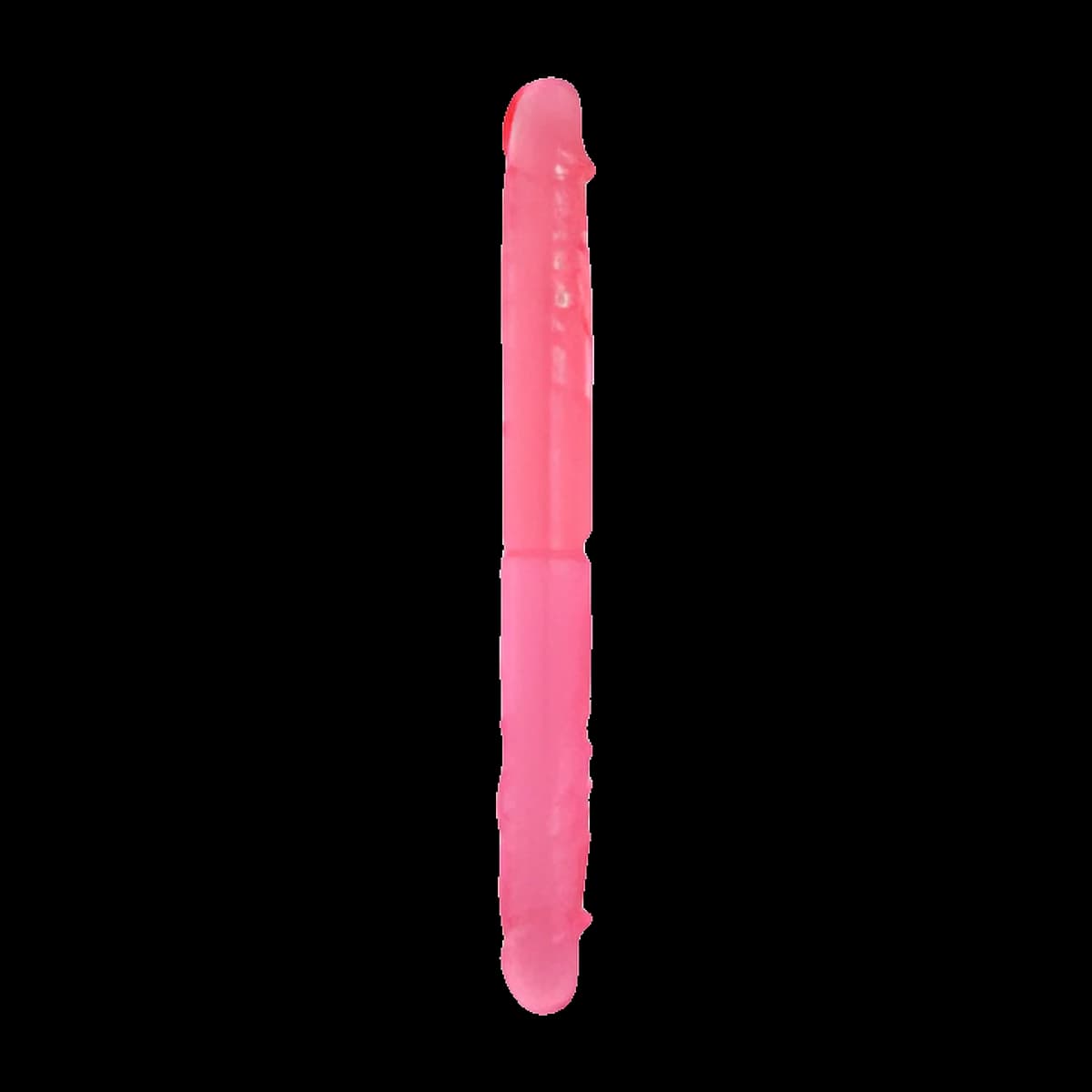A long, straight, translucent pink toy with a rounded head at each end and a lightly ridged shaft.