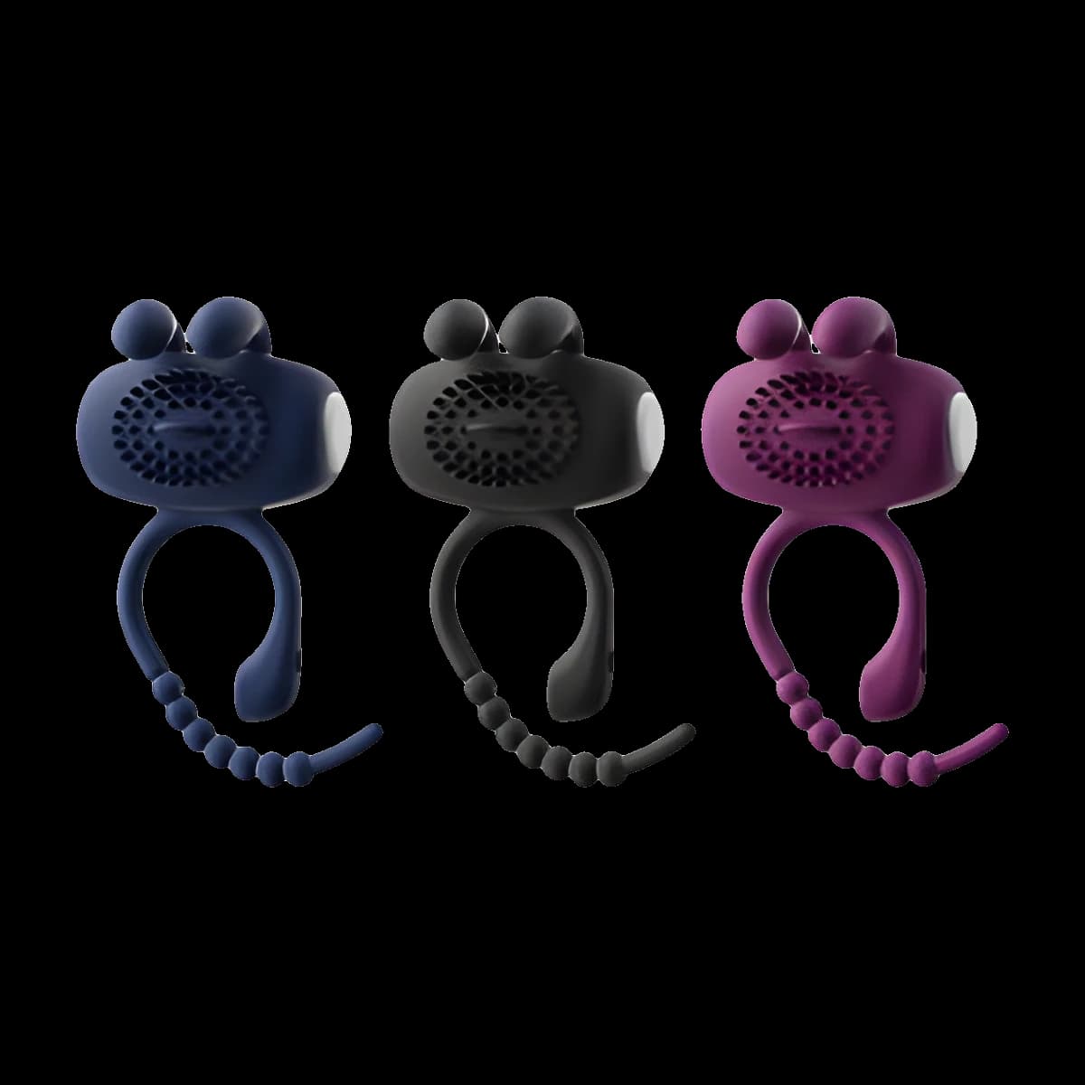 Three rings in navy, black and plum, each with a round perforated head, two small knobs on top and a long beaded strand curving below.