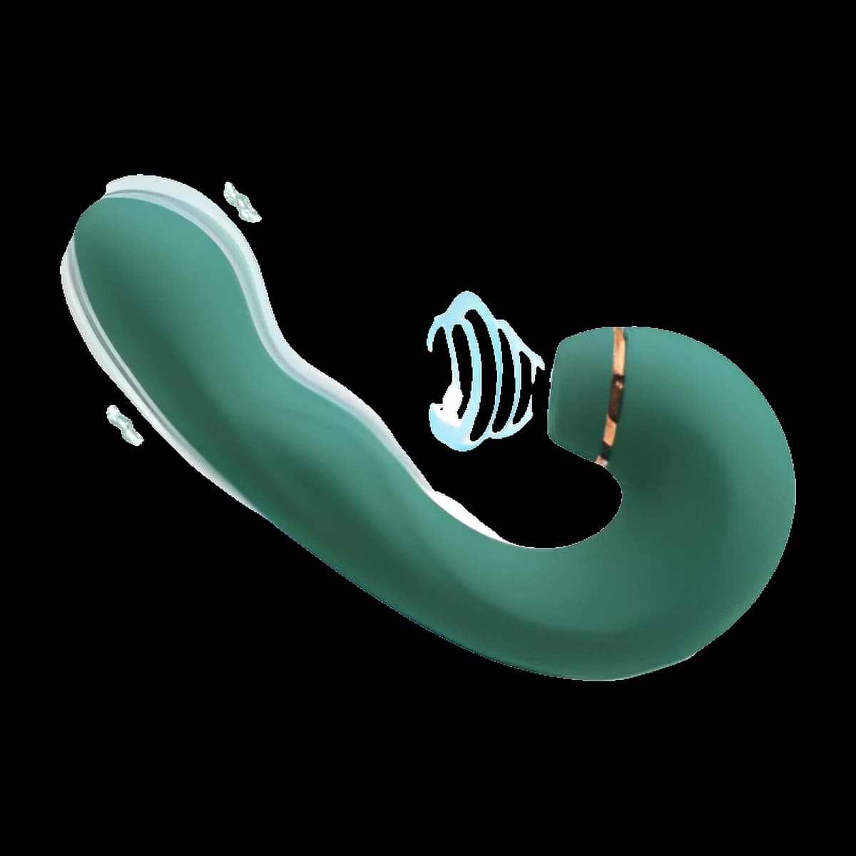 A dark green curved toy with a long tapered arm and a round suction head ringed in gold, with motion lines showing vibration and suction.