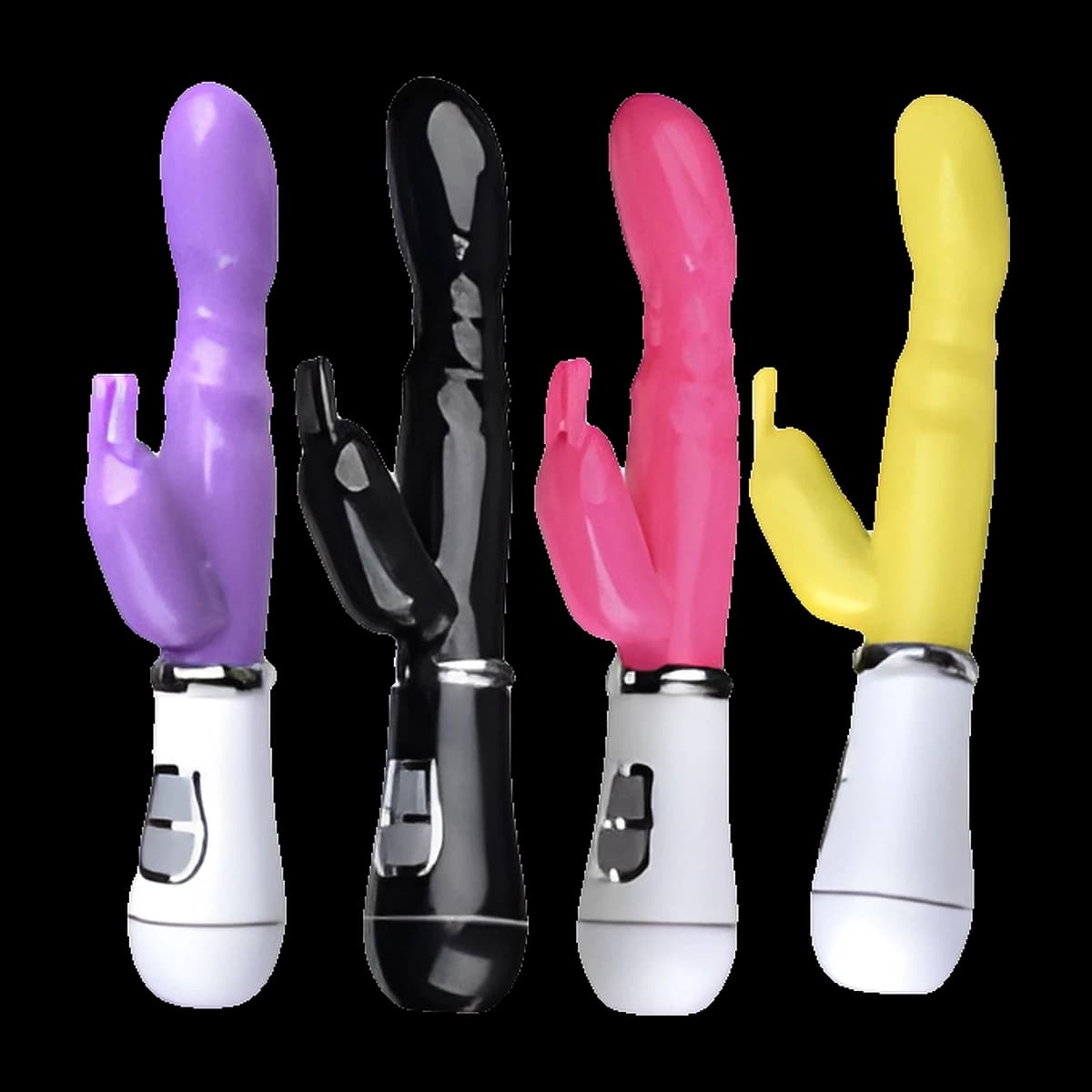 Four slim toys in purple, black, pink and yellow, each with a glossy ridged, curved shaft, a small eared side arm and a white handle.