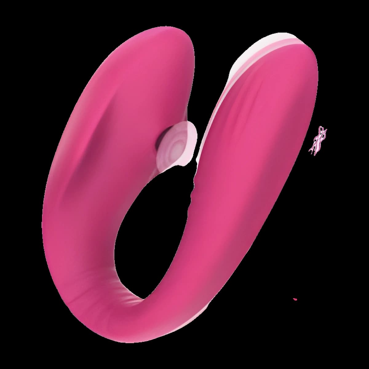 A deep pink C shaped toy with a round opening on one arm, shown with a small white and gold round remote control beside it.