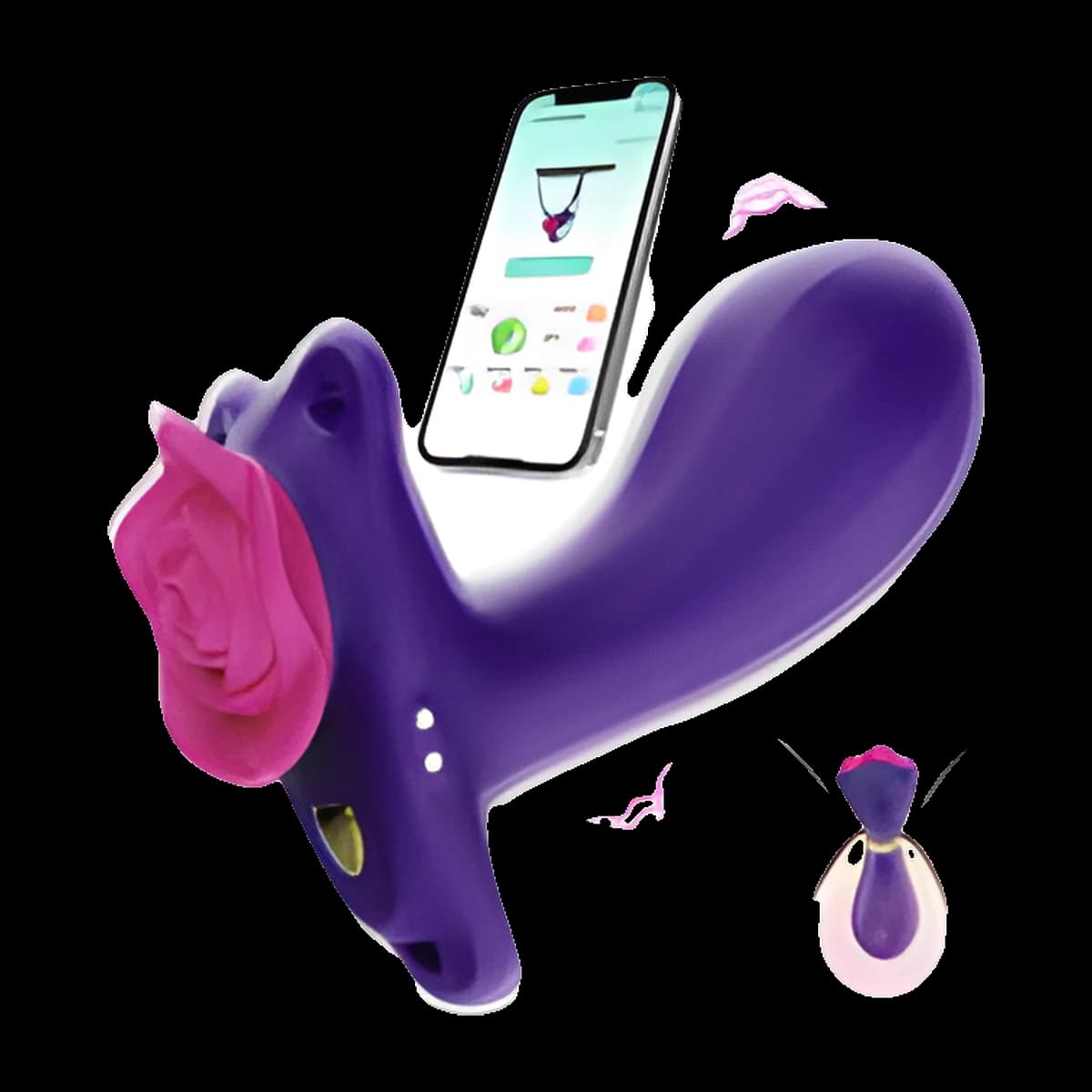 Purple curved vibrator with a raised pink rose at one end, a phone showing an app screen behind it, and a small inset showing how it is worn.