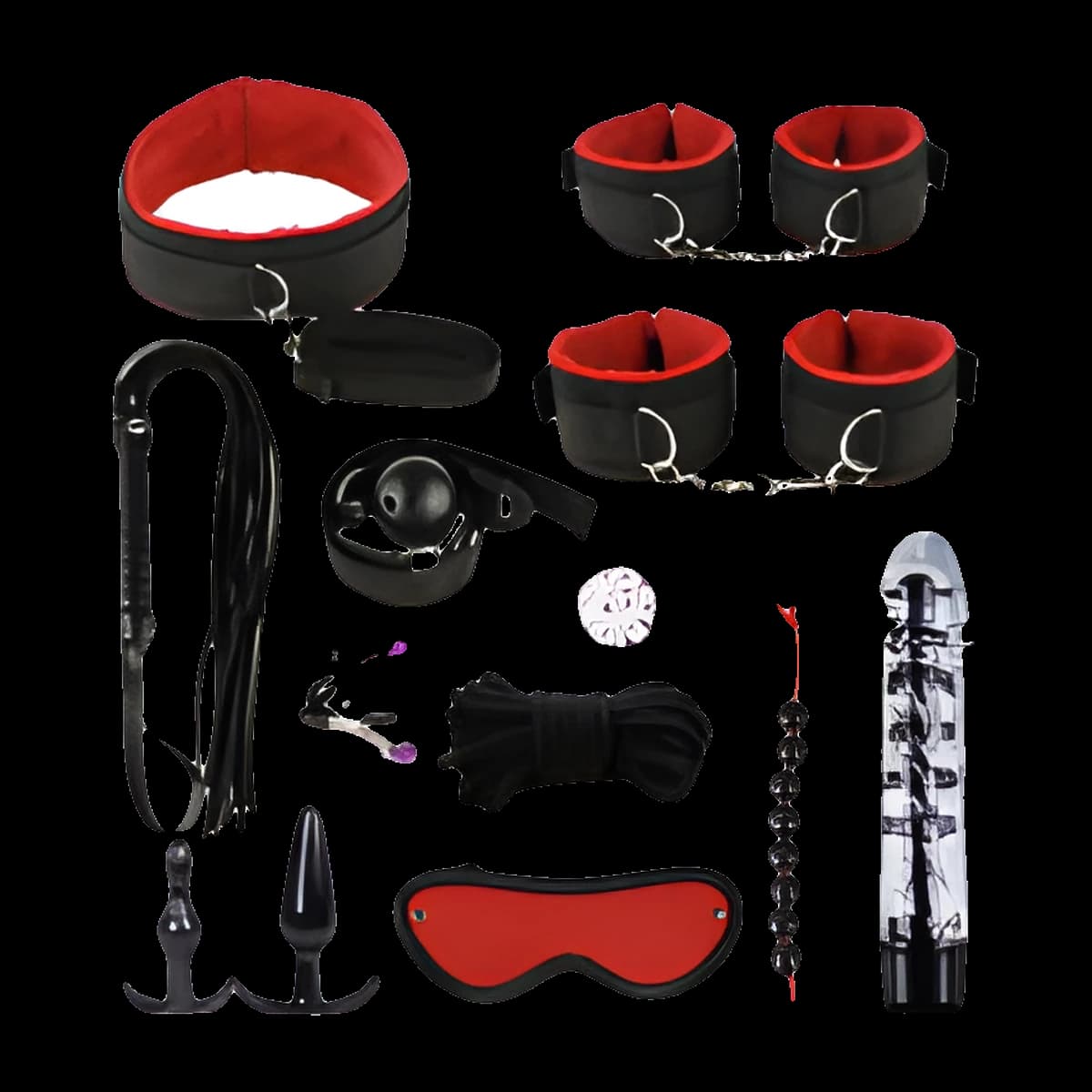 Black restraints with red lining laid out with a whip, coiled rope, clamps, a ring, a die, a clear ridged shaft, a beaded chain, two black plugs and an eye mask.