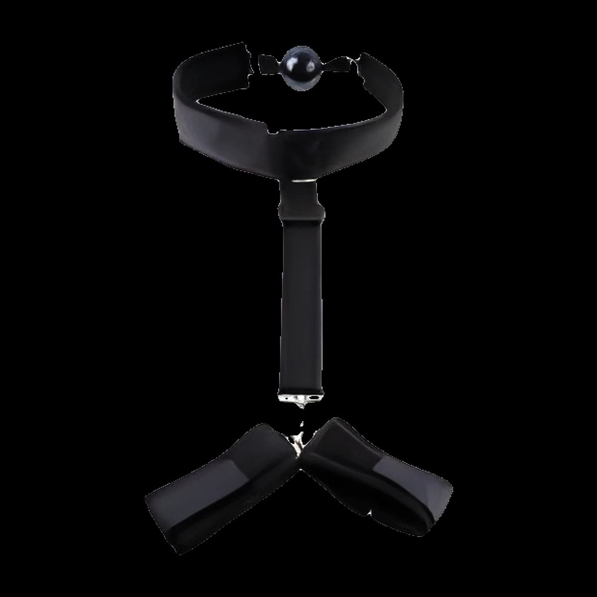A black strap harness with a wide collar and a ball fitting at the front, and a long strap running down to two wrist cuffs.