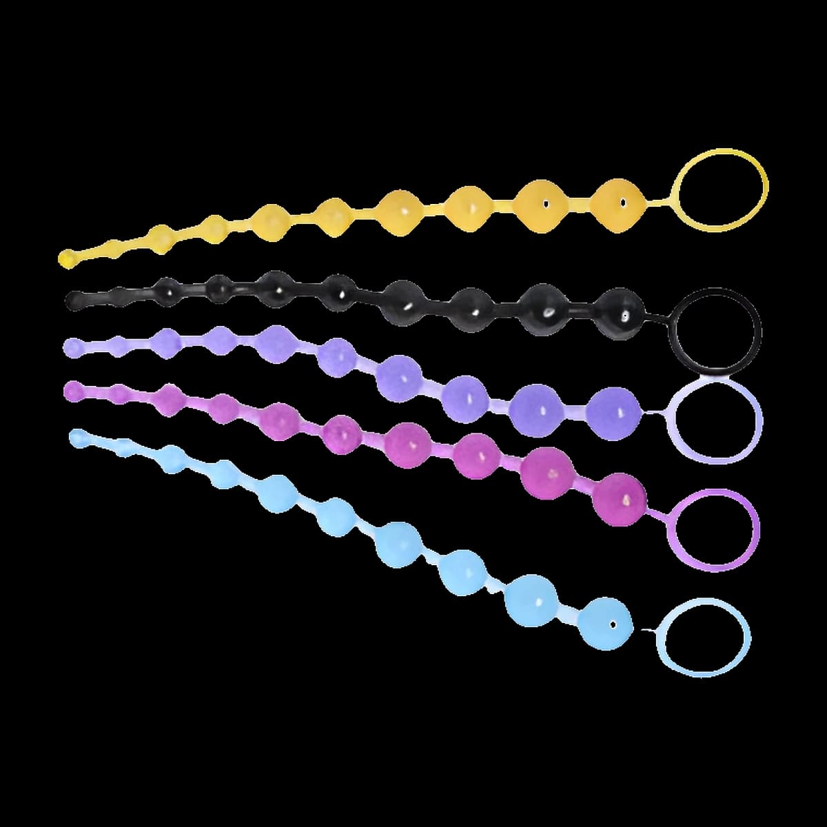 Five long strings of round beads growing larger along their length, in yellow, black, purple, magenta and pale blue, each finished with a ring pull.