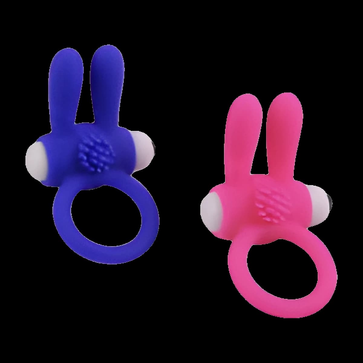 Two rings, one blue and one bright pink, each with a round textured centre, two tall upright ears and a white end cap on one side.
